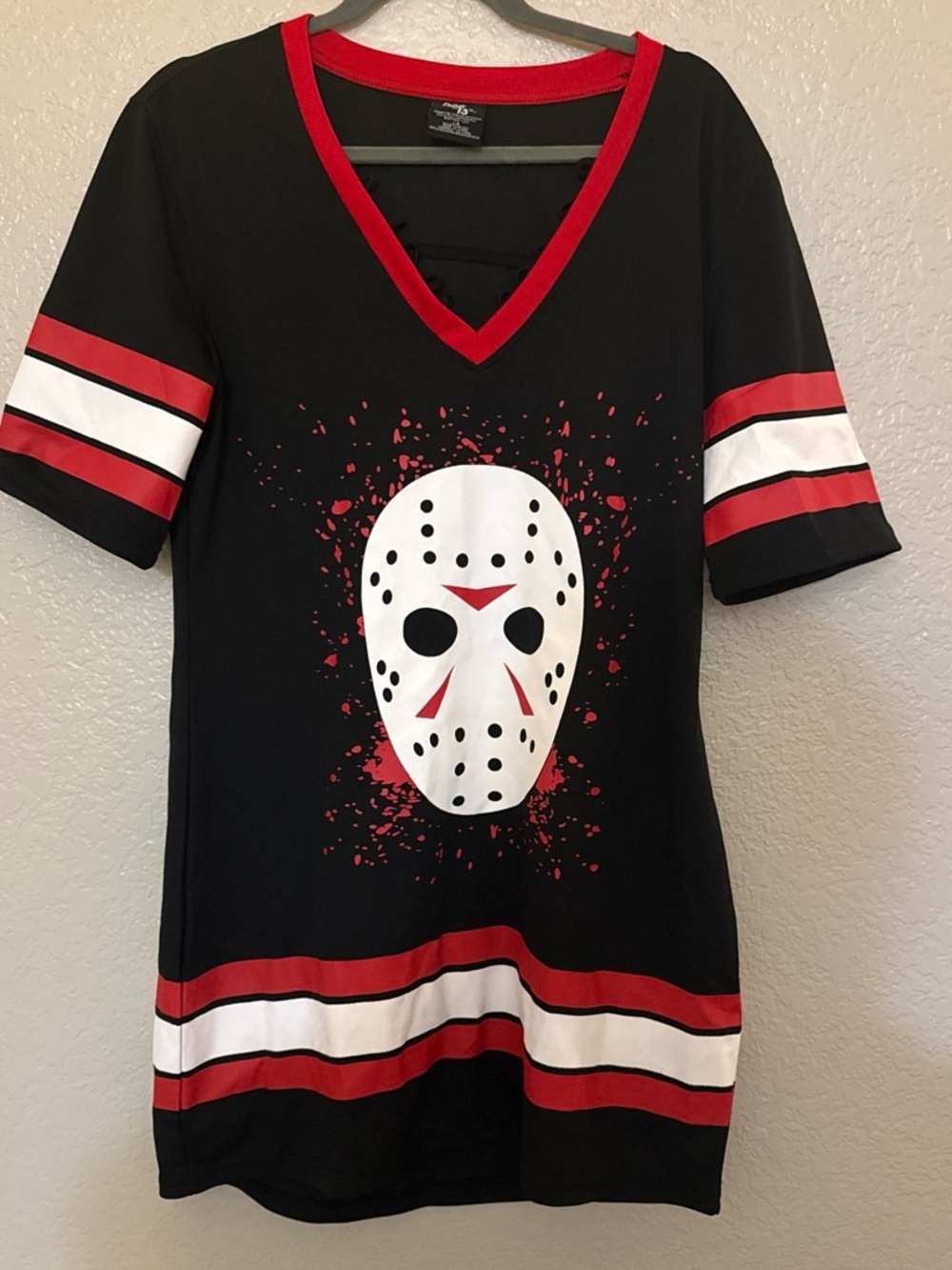 Black & Red Graphic V-Neck Hockey Mask Tee Dress